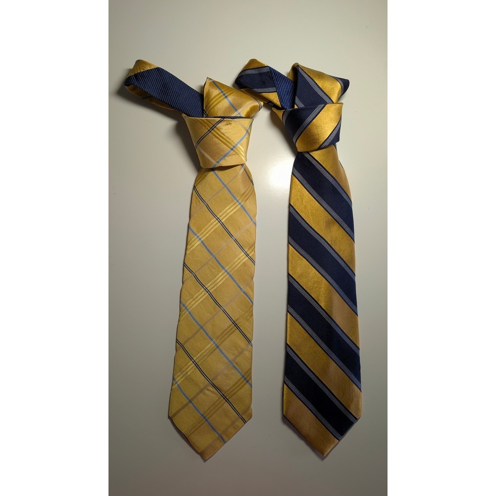 Tommy Hilfiger Mens Tie Set Yellow Navy Blue Striped Plaid Silk Neckties 2pc 56"
